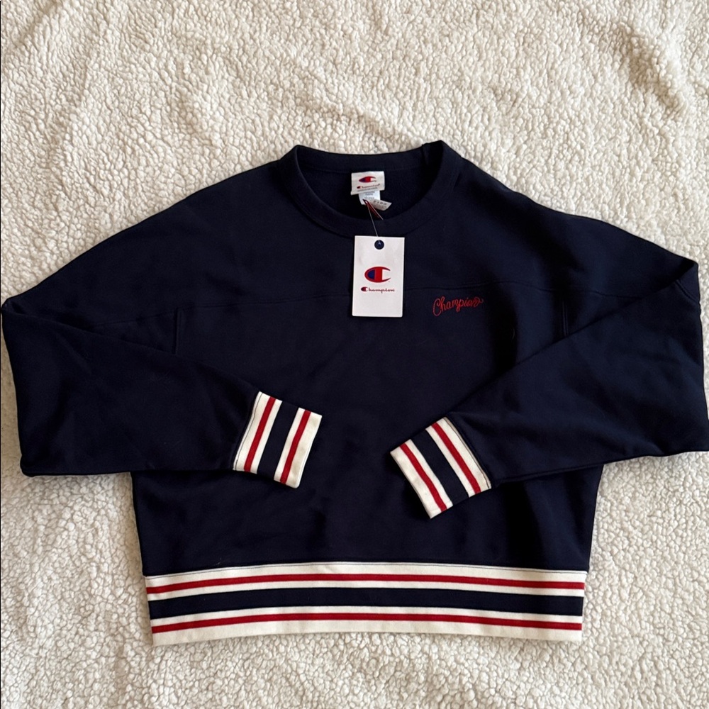 Champion Navy Sweatshirt with Striped Cuffs Women’s size Medium